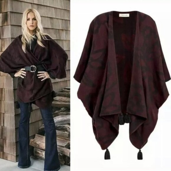 𝅺Cleobella Burgundy & Black Tassel Cape / Wrap / Scarf from Rachel Zoe St… - Picture 13 of 13